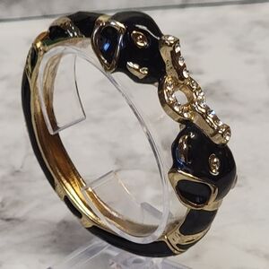 Elephant Head Clamper Bangle Bracelet Black Gold-tone‎ Enamel Rhinestone Hinged